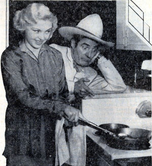 Toby Wing and Tom Mix stir up a little breakfast aboard the famed “42nd Street” General Electric Kitchen Special. The train traversed the U.S. in early 1933. Stars aboard included not only Mix and Wing but Lyle Talbot, Laura LaPlante, Glenda Farrell, Bette Davis, Eleanor Holm, Preston Foster, Leo Carrillo, Lois January and others.