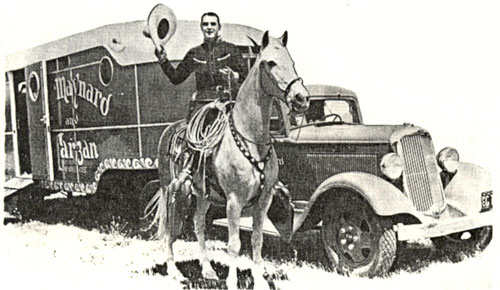 Ken Maynard takes Tarzan out of his travel van in the ‘30s. Tarzan’s van was the forerunner of today’s costly horse trailers.