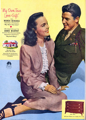 Wanda Hendrix and Audie Murphy in a advertisement for Lane Cedar Hope Chests in June, 1948.