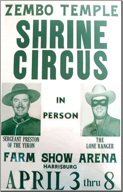 Personal appearance poster for Shrine Circus--Sergeant Preston of the Yukon, Richard Simmons and The Lone Ranger, Clayton Moore.