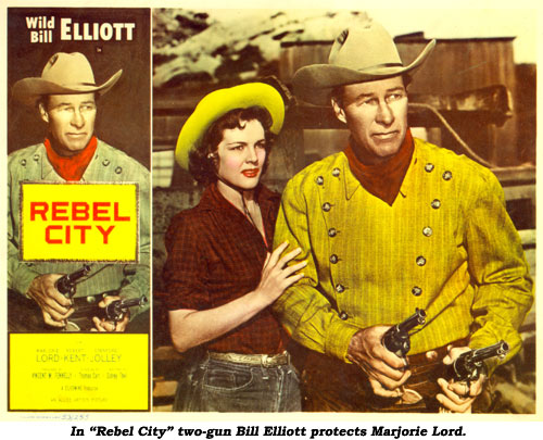 In "Rebel City" two-gun Bill Elliott protects Marjorie Lord.